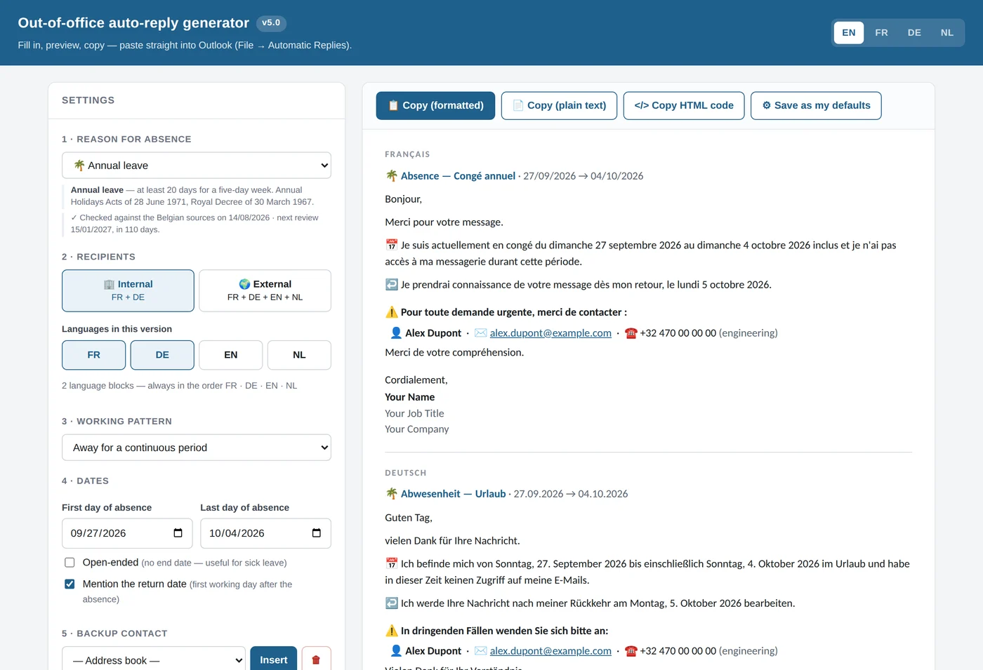AutoReply: the settings on the left, the out-of-office message in French and German on the right