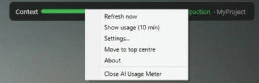 Rechtsklik op de balk of op het pictogram bij de klok: Refresh now, Show usage (10 min), Settings, Move to top centre, About.