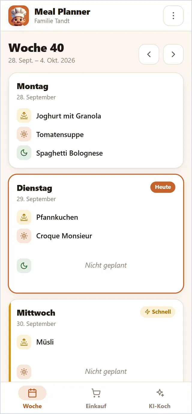 Die Woche auf einen Blick: Frühstück, Mittag- und Abendessen für jeden Tag; volle Tage sind als Schnell markiert.