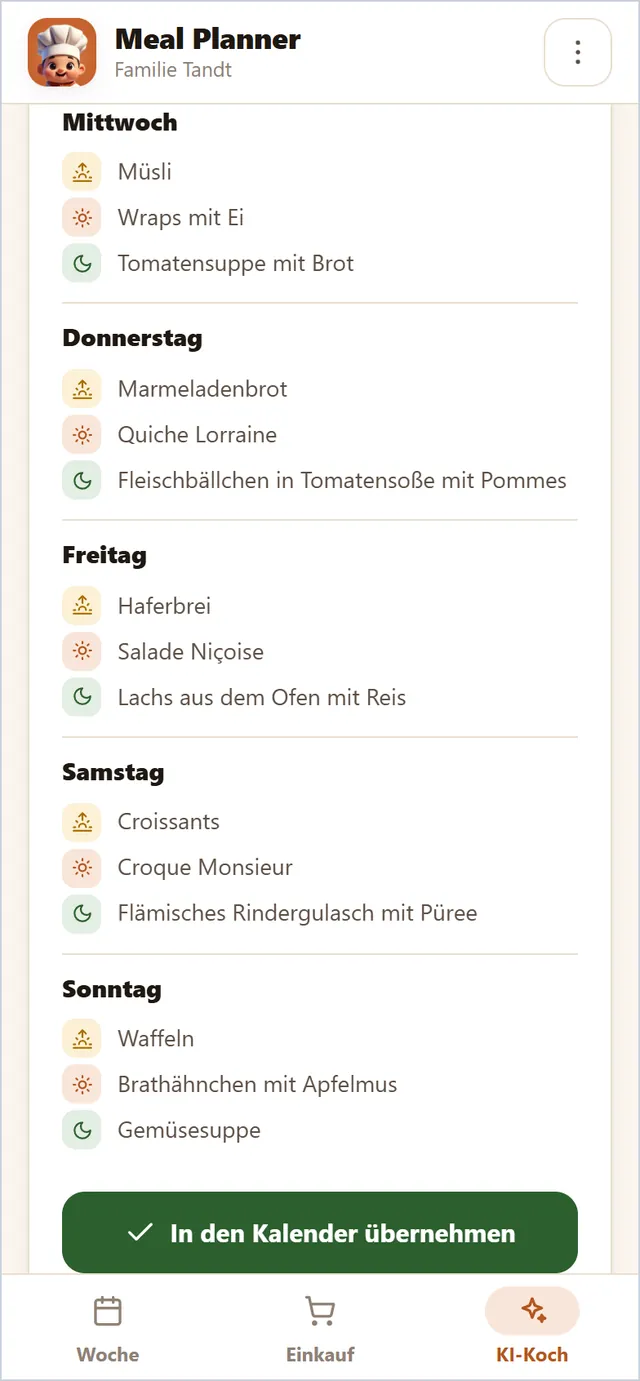 Der KI-Koch schlägt mit einem Tipp eine ganze Woche vor und fragt, bevor er geplante Gerichte ersetzt.