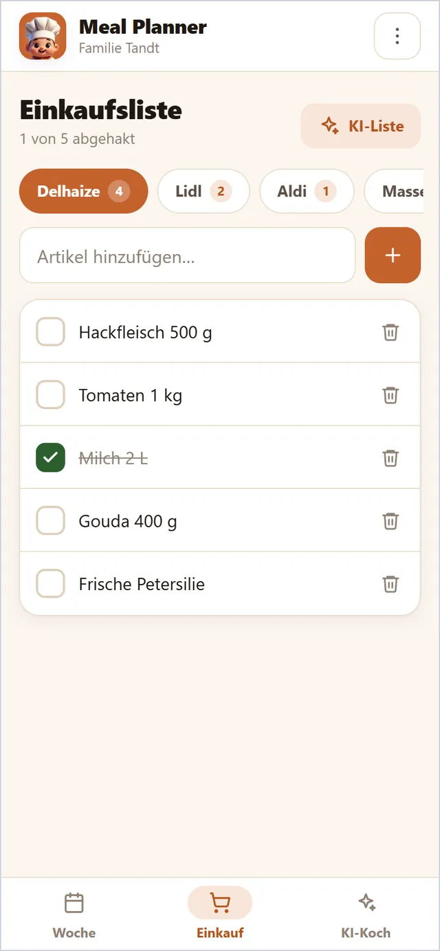 Eine Einkaufsliste pro Geschäft, von der KI aus den Gerichten der Woche erstellt; im Laden abhaken.