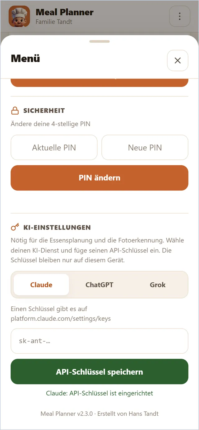 Wählen Sie Ihre KI: Claude, ChatGPT oder Grok, mit Ihrem eigenen API-Schlüssel, nur auf dem Handy gespeichert.