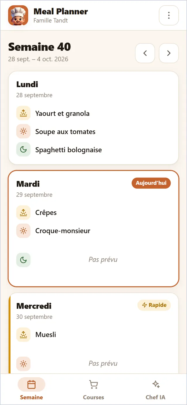 La semaine en un coup d'œil : déjeuner, dîner et souper pour chaque jour ; les journées chargées sont marquées Rapide.