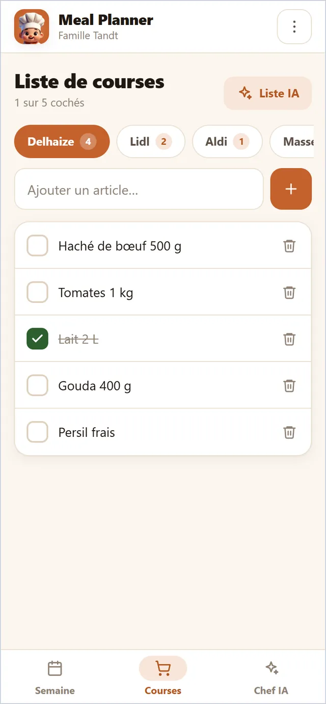 Une liste de courses par magasin, faite par l'IA à partir des repas de la semaine ; cochez au magasin.