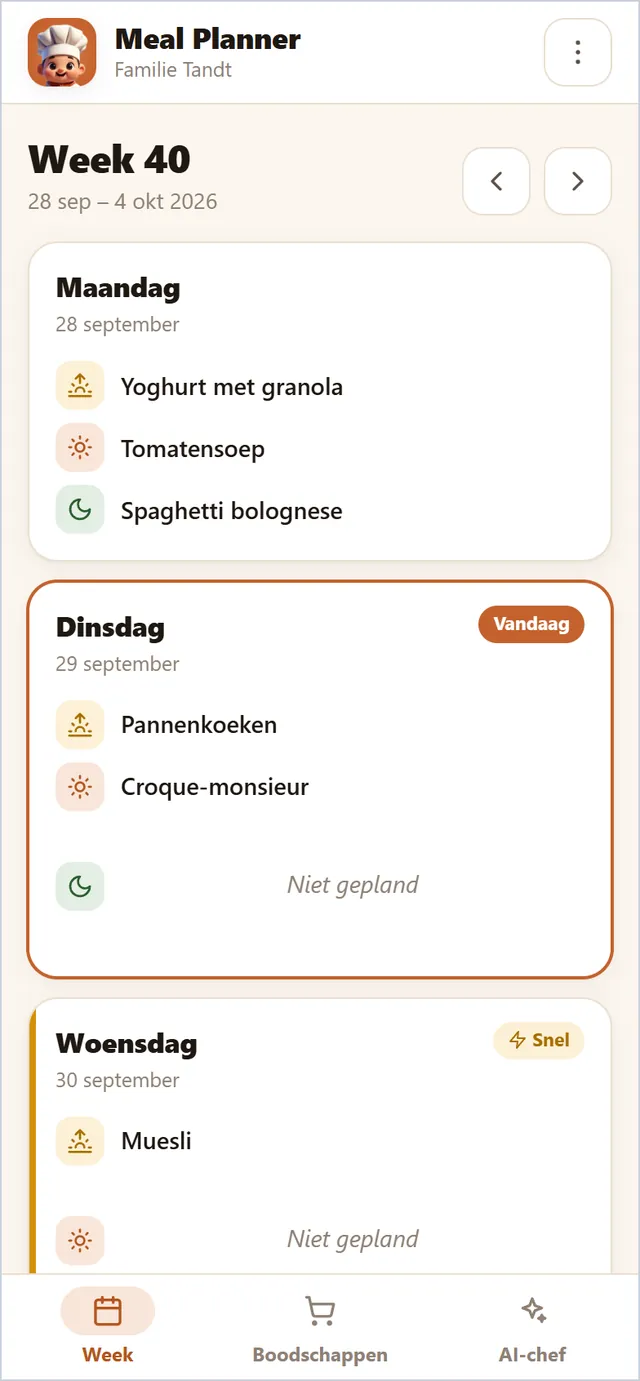 De week in één oogopslag: ontbijt, middagmaal en avondmaal voor elke dag; drukke dagen zijn gemarkeerd als Snel.