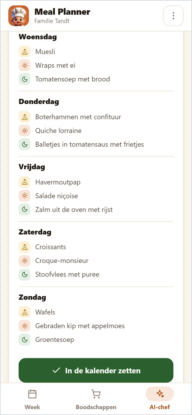 De AI-chef stelt in één tik een hele week voor, en vraagt eerst voor hij geplande maaltijden vervangt.