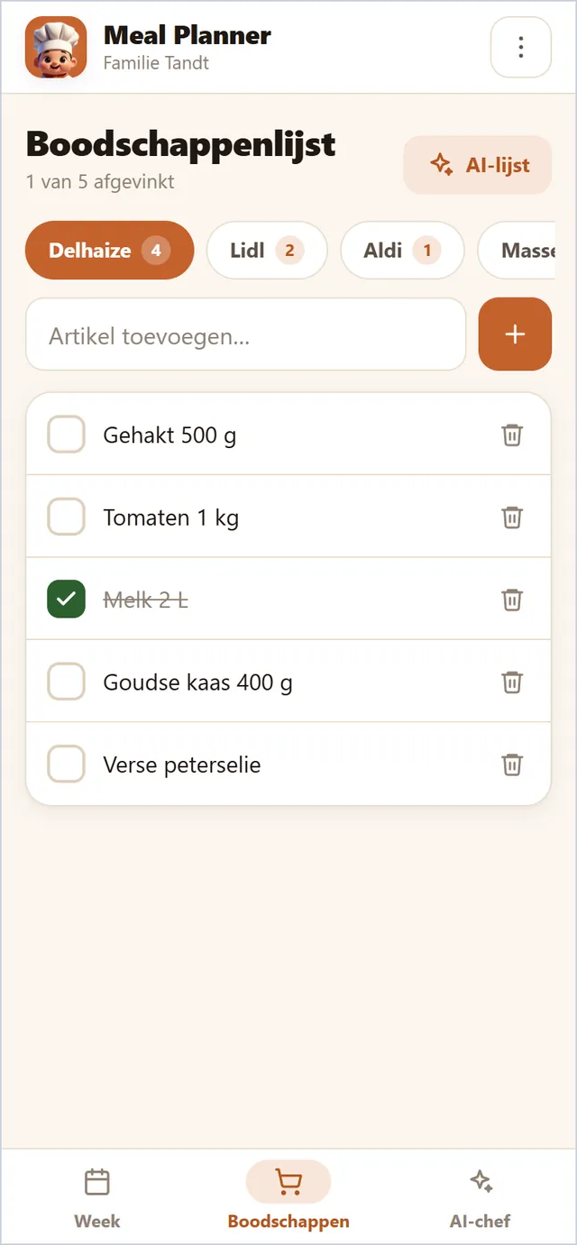 Eén boodschappenlijst per winkel, door de AI gemaakt op basis van de maaltijden; vink af in de winkel.
