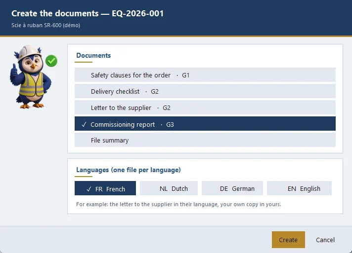 Dokumente auf FR, NL, DE oder EN: Der Lieferant erhält den Brief in seiner Sprache.