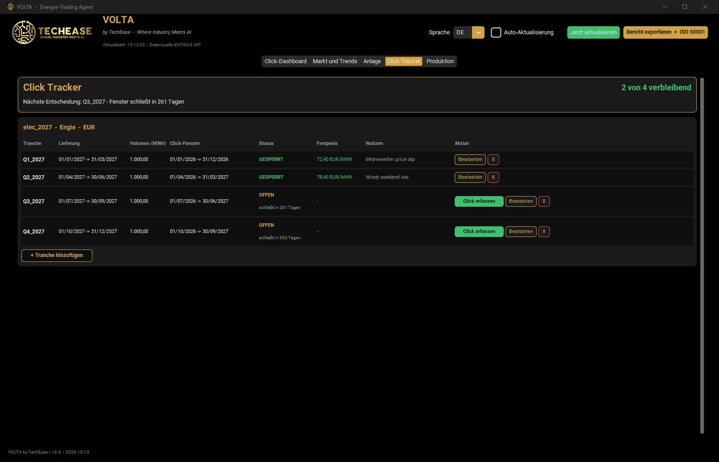 Click Tracker: jede Tranche mit Lieferzeitraum, Klickfenster, Status und festgelegtem Preis.