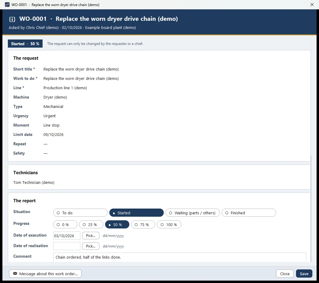 The same work order for the technician: progress and the report of what was done.