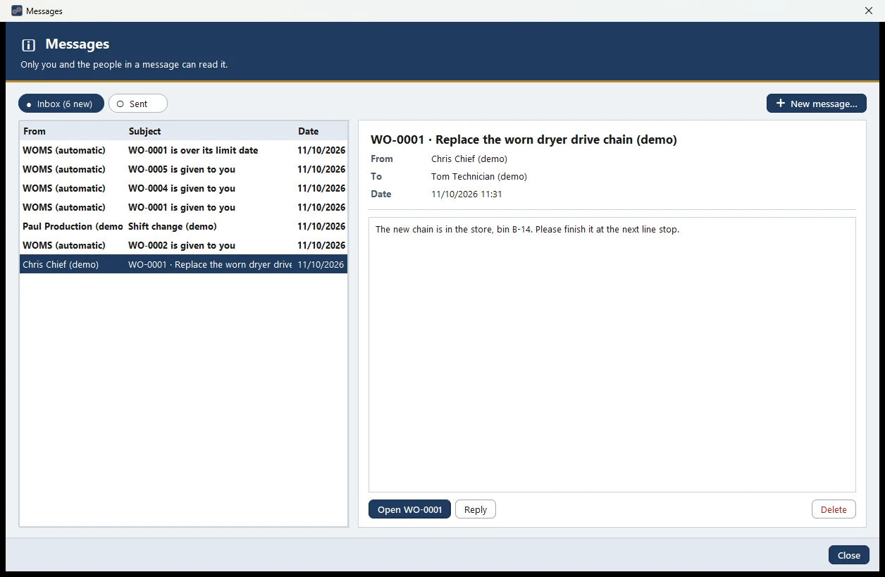 Messages between the shifts, and automatic messages when work is given or over its limit date.