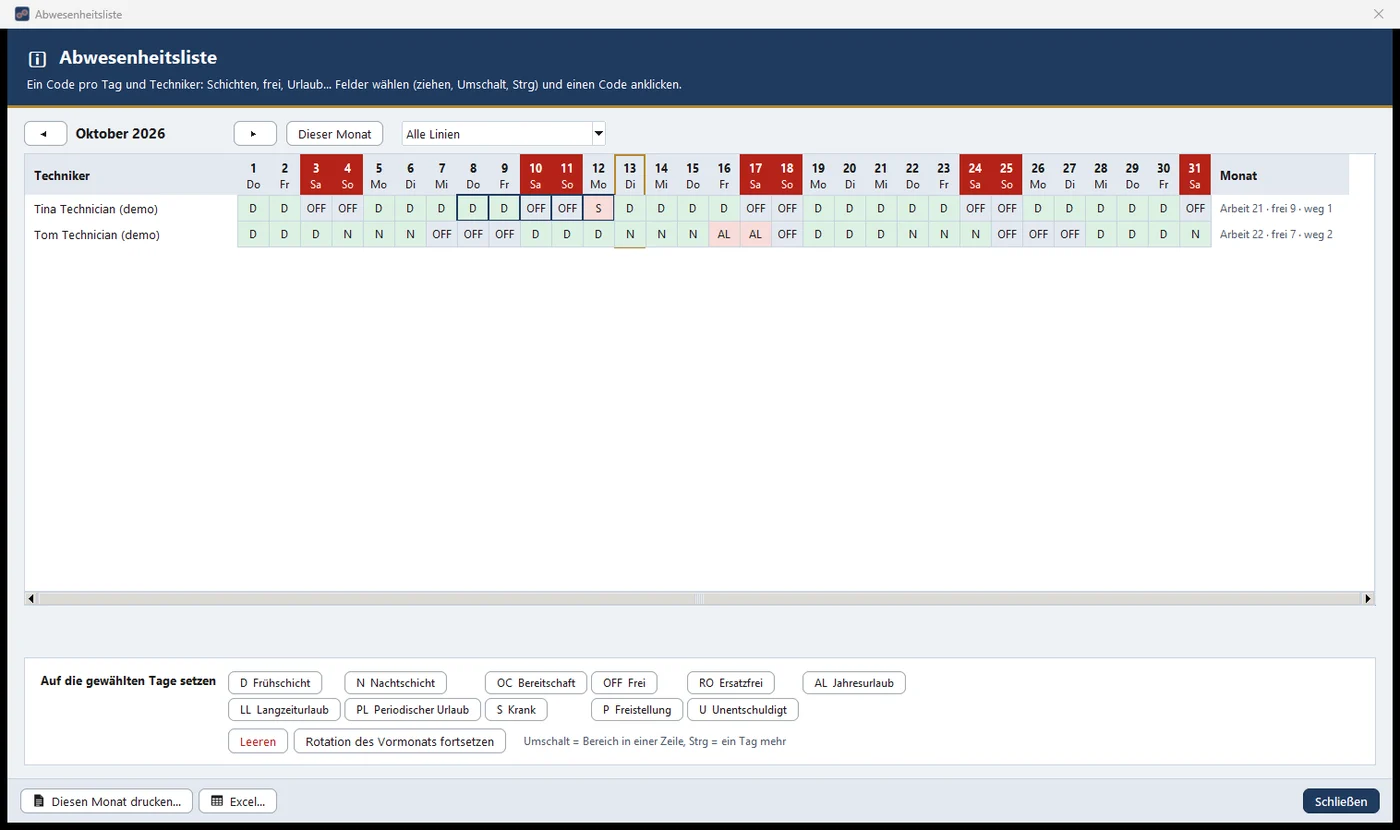 Der Abwesenheitsplan: der Dienstplan der Techniker, ein Code pro Tag.