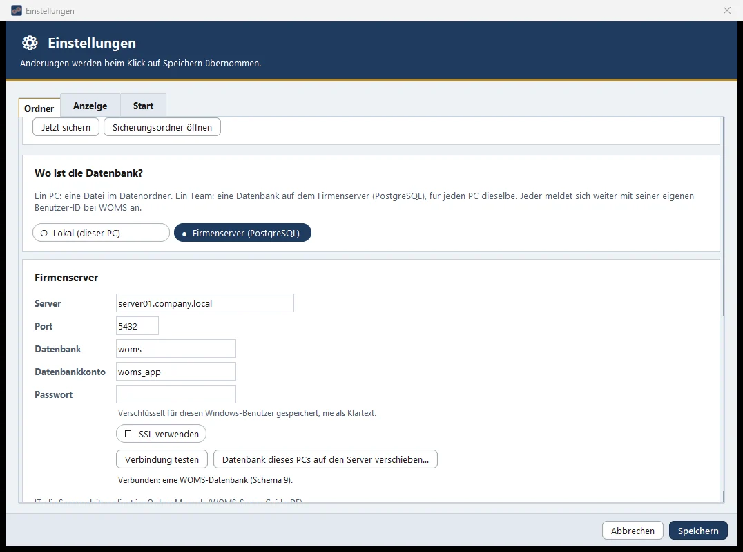 Ein PC oder ein Team: der Firmenserver (PostgreSQL) in den Einstellungen.