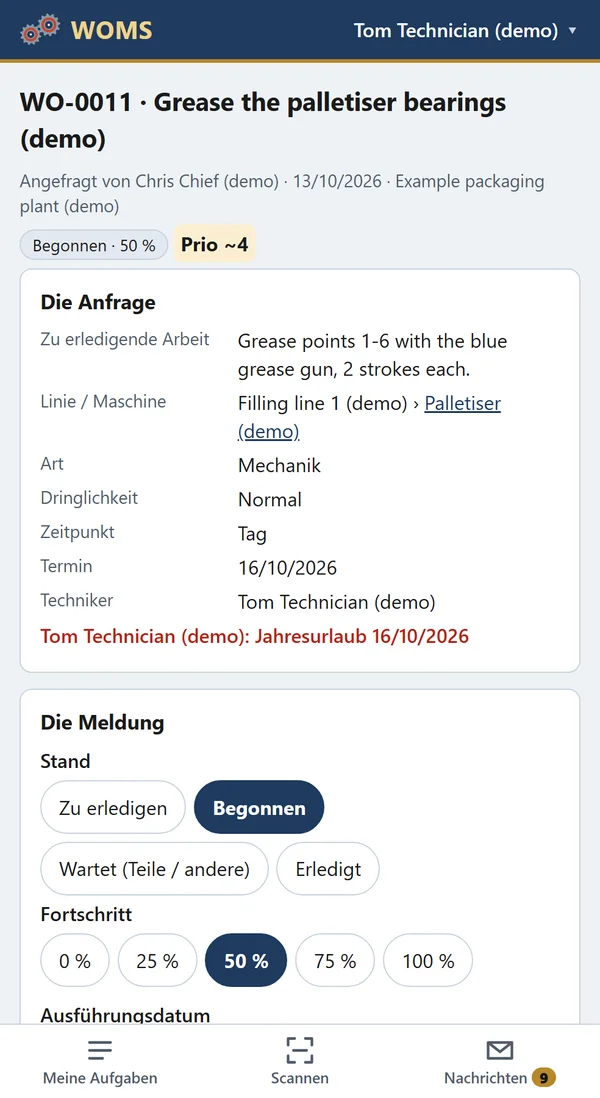 Ein Arbeitsauftrag auf dem Handy: die Anfrage und eine Warnung, wenn der Techniker am Termin abwesend ist.