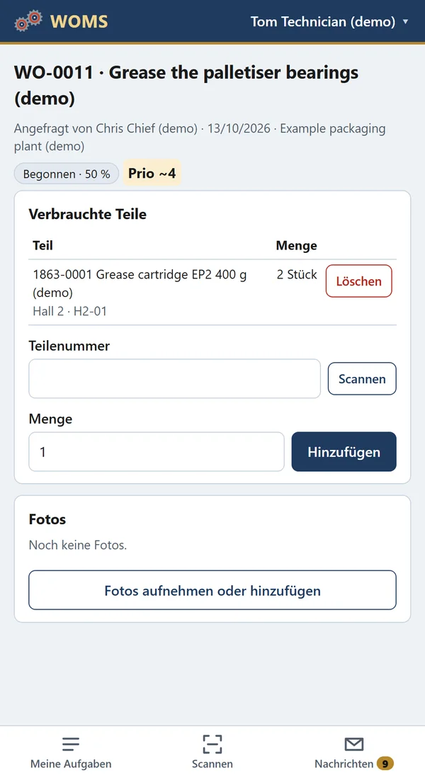 Verwendete Ersatzteile (das Fachetikett scannen) und Fotos direkt mit der Kamera.