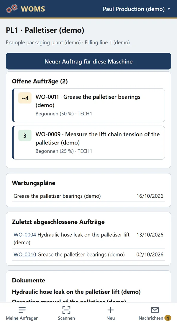 Die Maschinenseite: ein neuer Arbeitsauftrag für diese Maschine, offene Arbeitsaufträge, Pläne und Dokumente.
