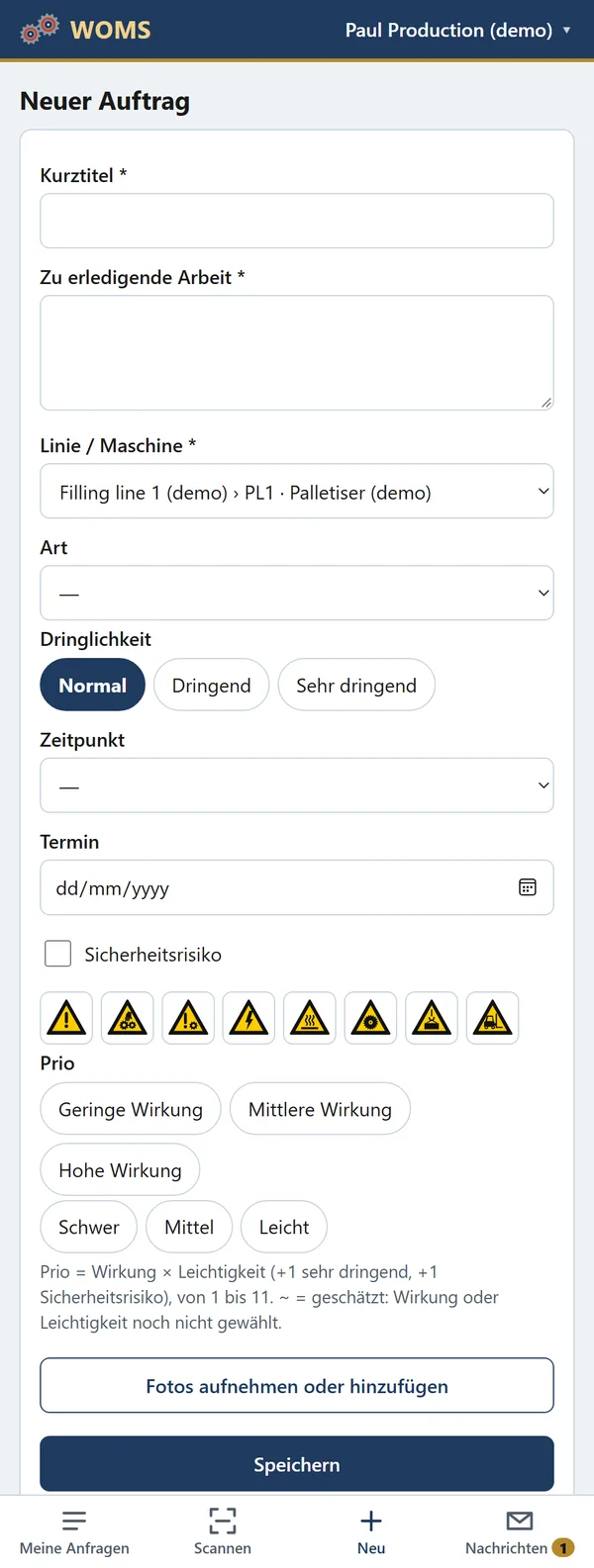 Ein neuer Arbeitsauftrag vor Ort, mit Sicherheitszeichen, Prio und Fotos.