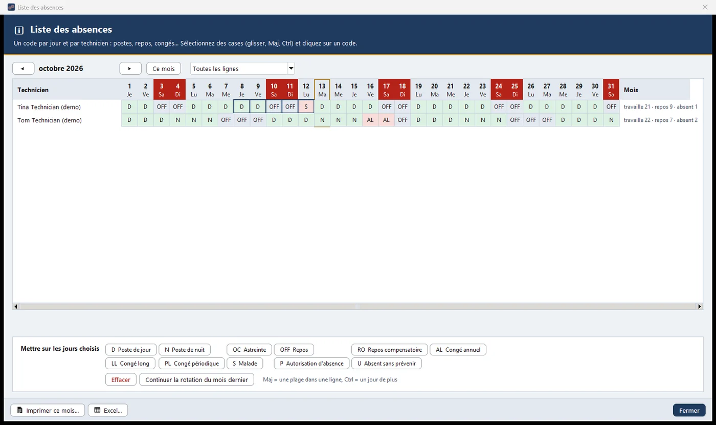 Le planning des absences : le tableau des techniciens, un code par jour.