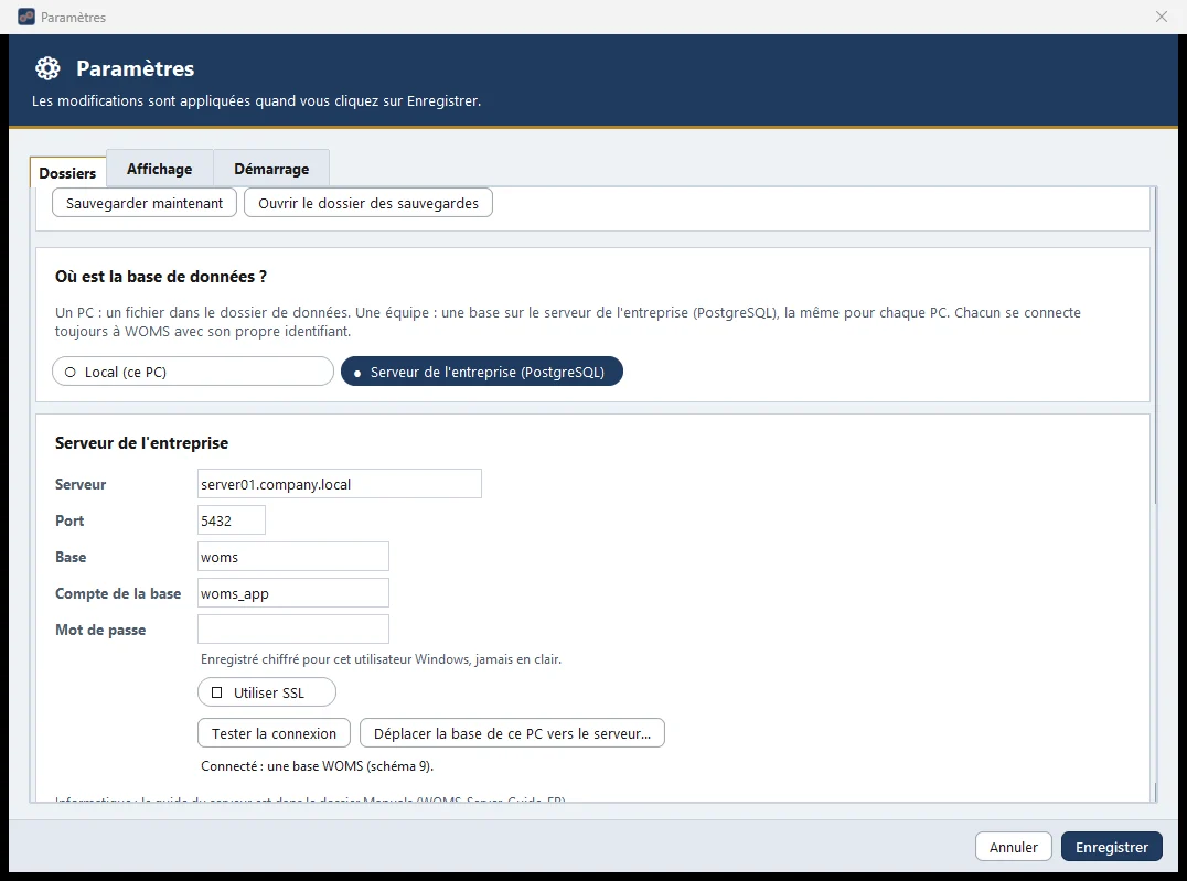 Un PC ou une équipe : le serveur d'entreprise (PostgreSQL) dans les paramètres.