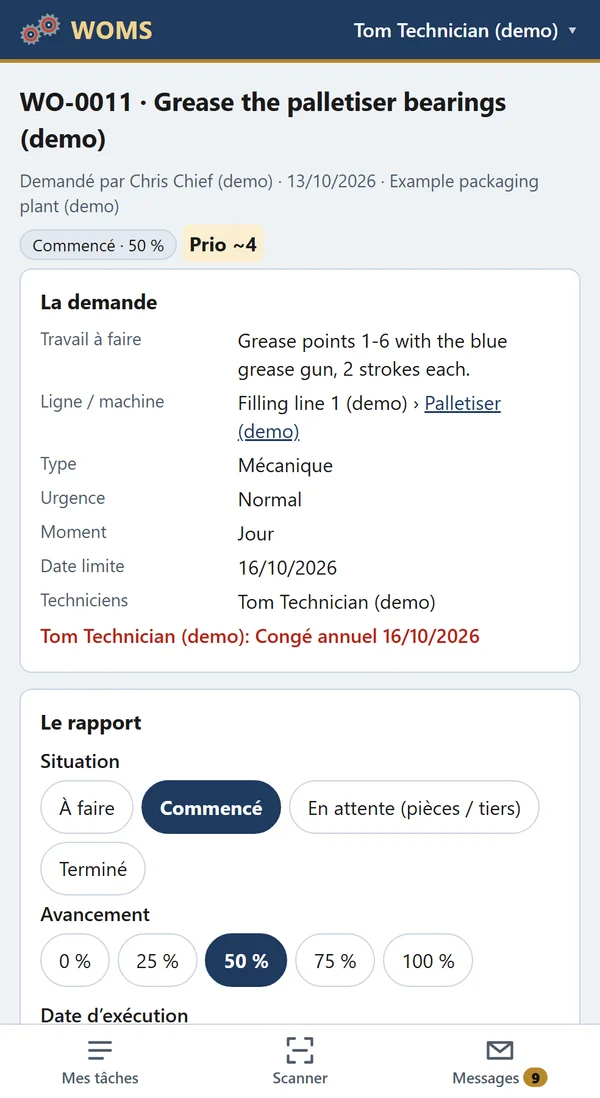 Un ordre de travail sur le téléphone : la demande, et un avertissement quand le technicien est absent à la date limite.
