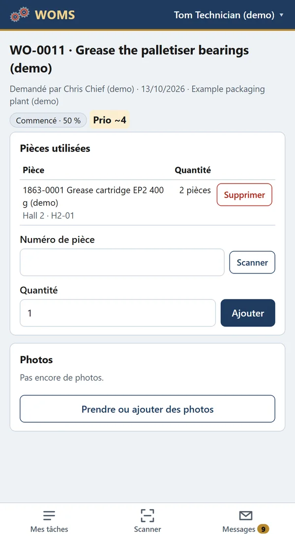 Les pièces utilisées (scannez l'étiquette du bac) et des photos prises avec l'appareil photo.