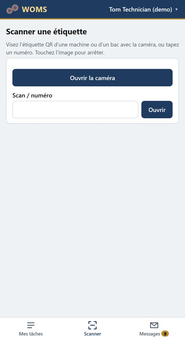 Scanner l'étiquette QR d'une machine ou d'un bac, ou taper un numéro.