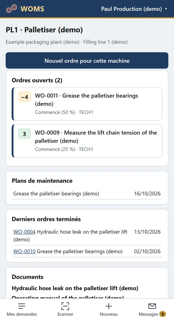 La page machine : un nouvel ordre de travail pour cette machine, les ordres ouverts, les plans et les documents.