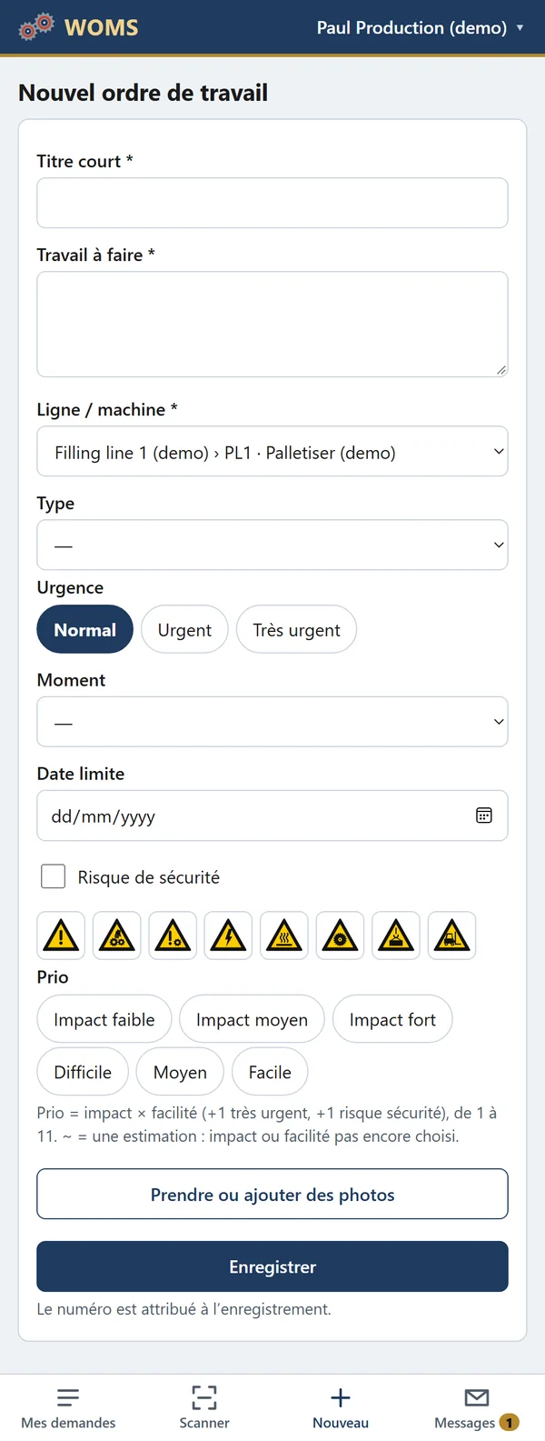 Un nouvel ordre de travail depuis le terrain, avec pictogrammes de sécurité, priorité et photos.