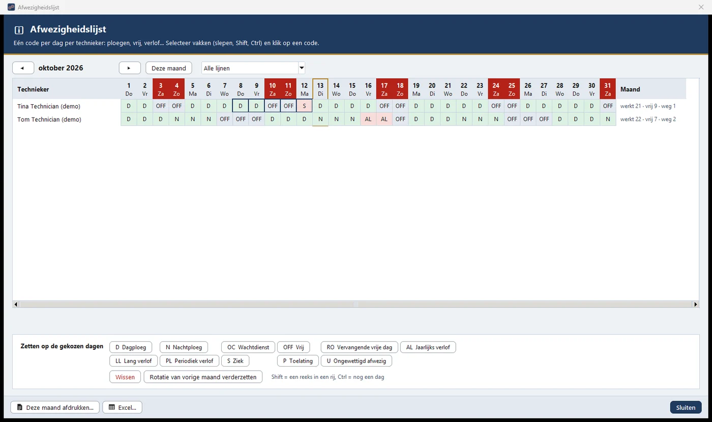 De afwezigheidslijst: het rooster van de technici, één code per dag.