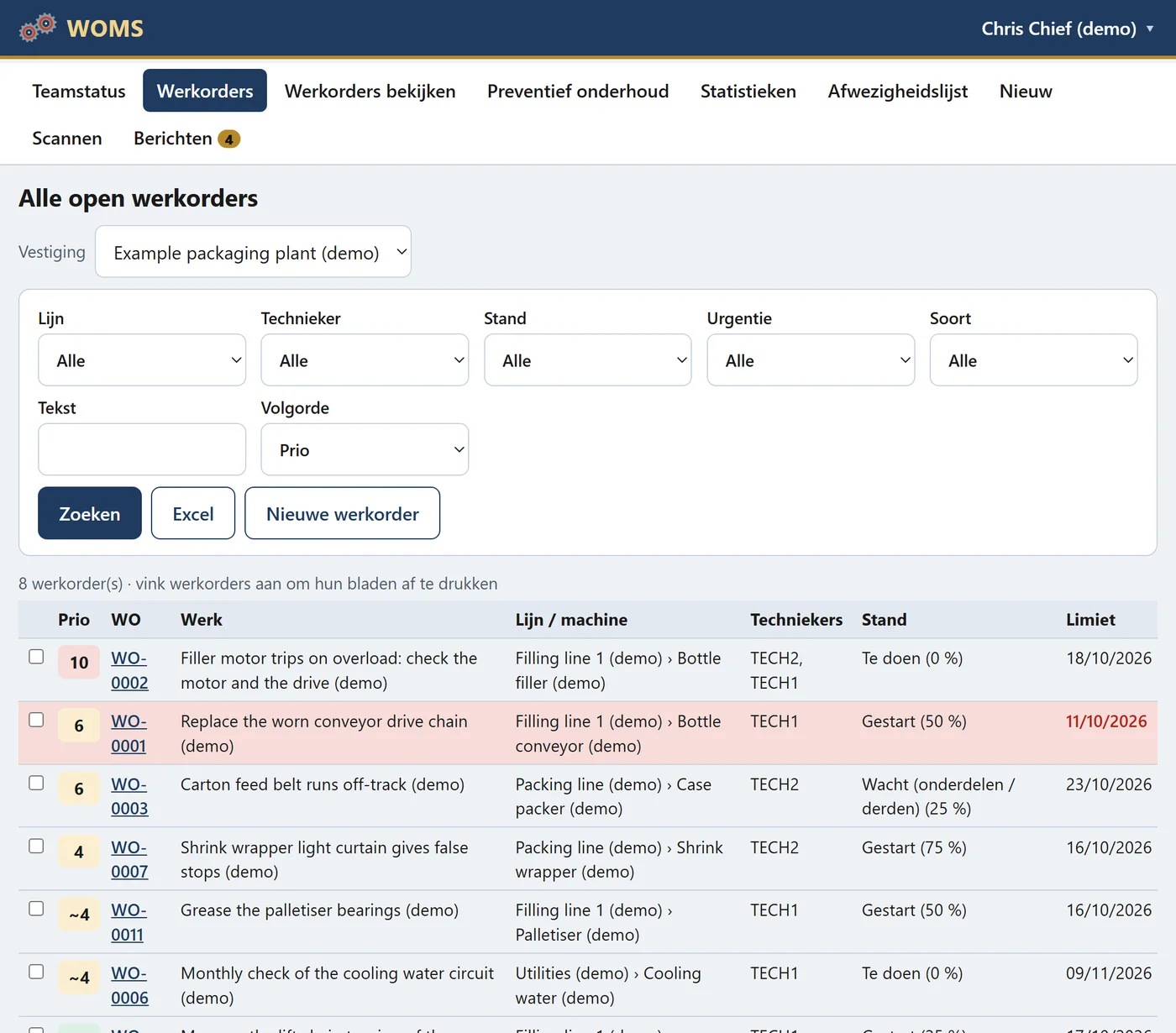 Alle open werkorders, met filters, Prio eerst, Excel, en de fiches om af te drukken.