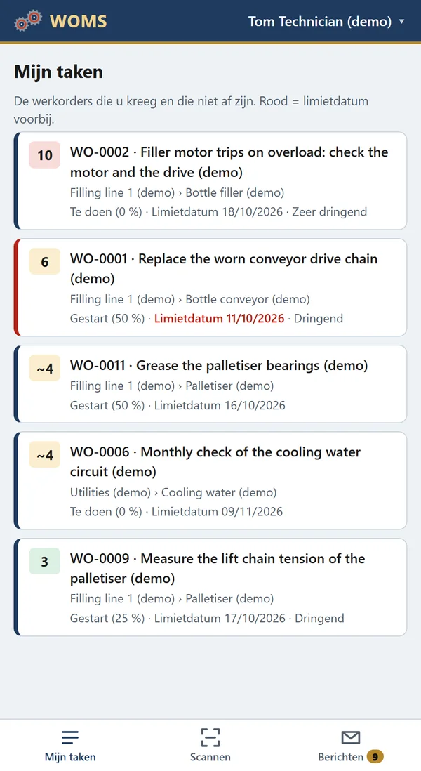 Mijn taken: de werkorders die aan de technicus gegeven zijn, met hun Prio; rood is over de limietdatum.