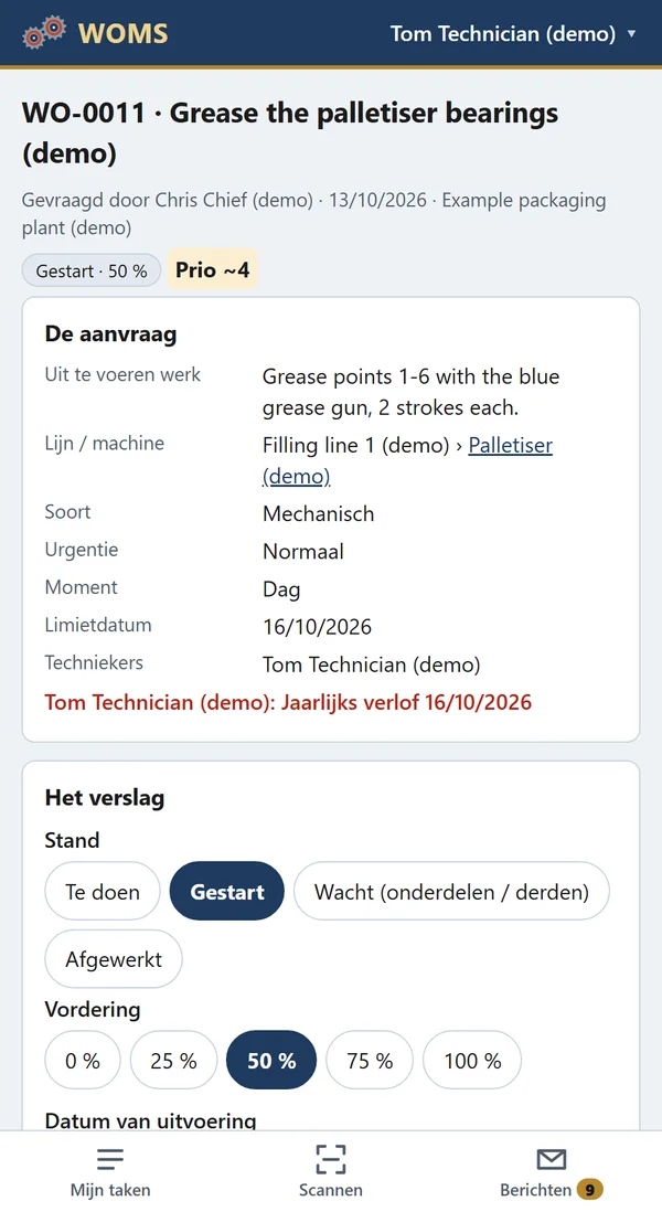 Een werkorder op de gsm: de aanvraag, en een waarschuwing als de technicus afwezig is op de limietdatum.