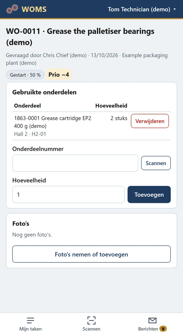 Gebruikte wisselstukken (scan het bakjeslabel) en foto's rechtstreeks met de camera.