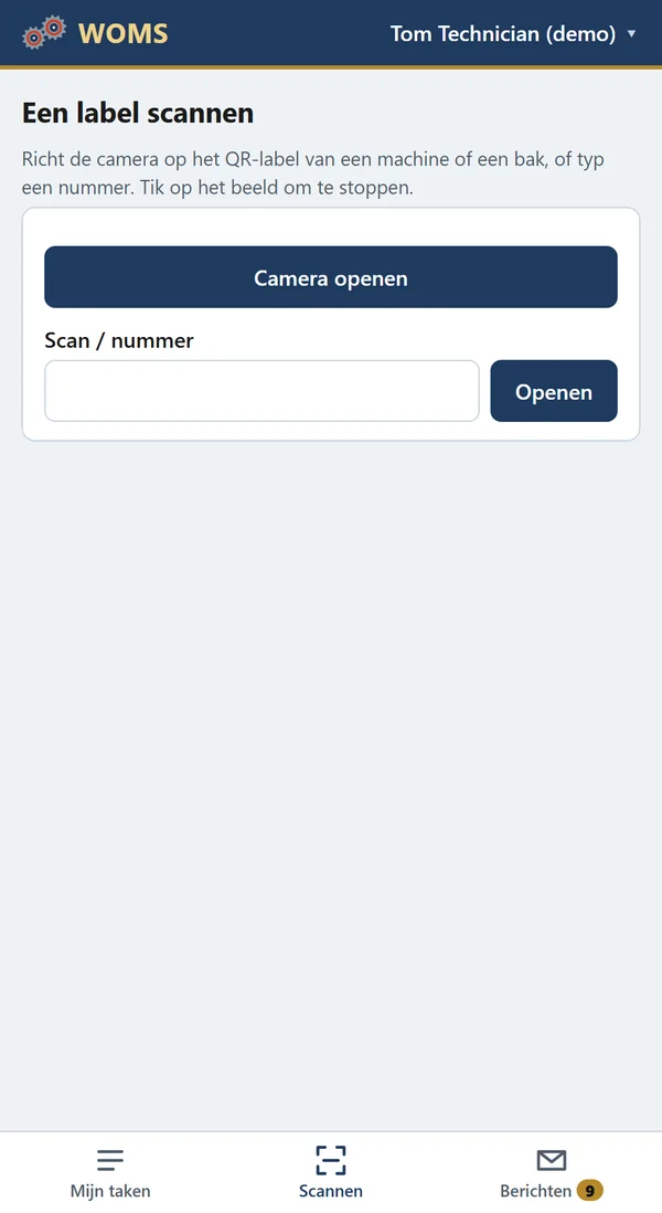 Scan een QR-label van een machine of een bak, of typ een nummer.