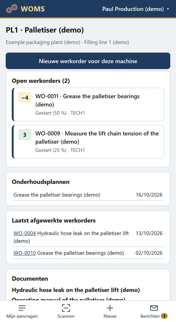 De machinepagina: een nieuwe werkorder voor deze machine, open werkorders, plannen en documenten.