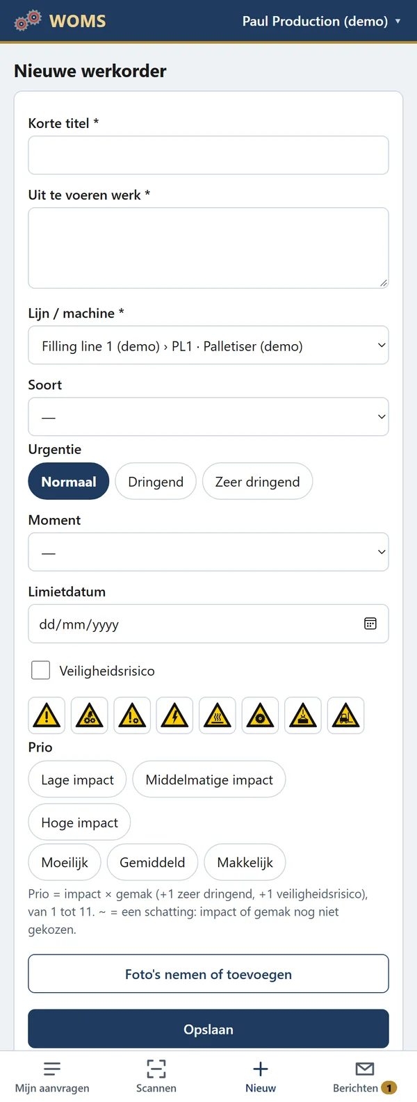 Een nieuwe werkorder vanaf de werkvloer, met veiligheidspictogrammen, Prio en foto's.