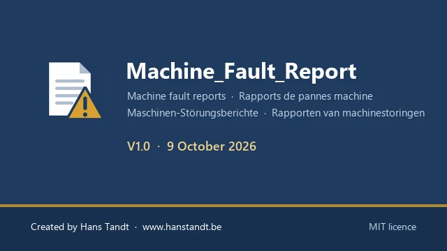 Machine Fault Report start screen: version 1.0, in English, French, German and Dutch