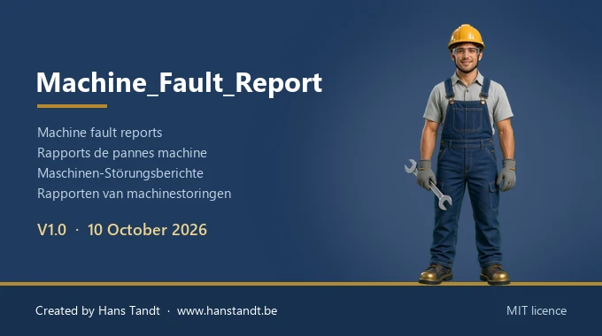 Startbildschirm von Machine Fault Report mit dem Mechaniker-Maskottchen und seinem Schraubenschlüssel: Version 1.0, auf Englisch, Französisch, Deutsch und Niederländisch