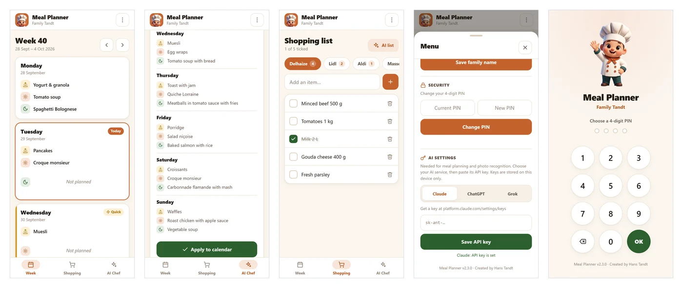 Meal Planner auf einem Handy: die Woche, der Wochenplan des KI-Kochs, die Einkaufsliste, die Wahl der KI und der Sperrbildschirm