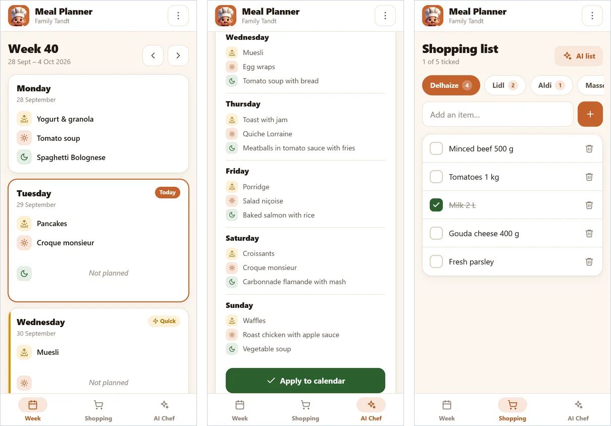 Meal Planner on a phone: the week view, a plan suggested by the AI chef, and the shopping list