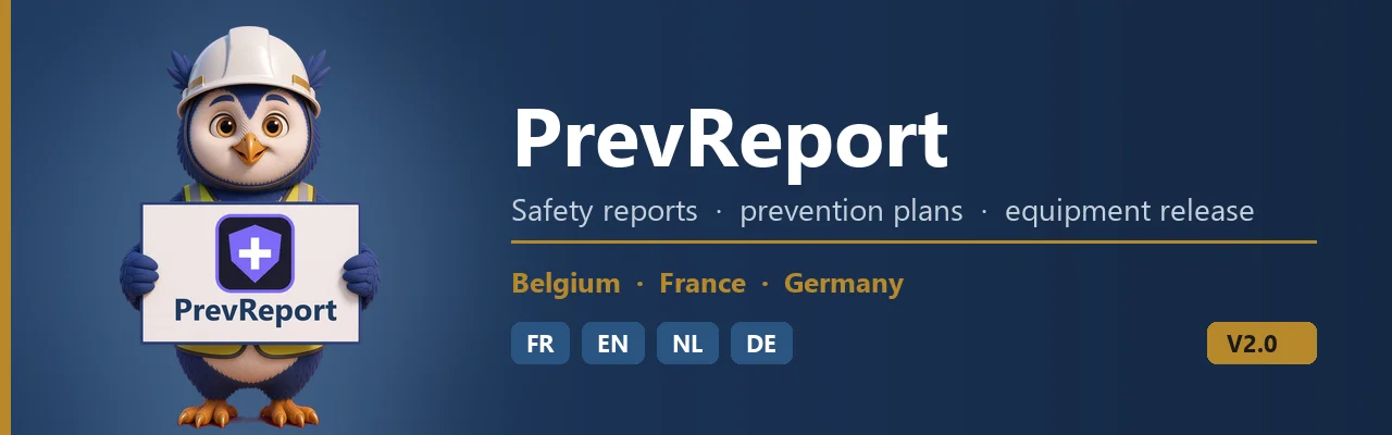 PrevReport banner: the owl mascot in a hard hat, with safety reports, prevention plans and equipment release for Belgium, France and Germany
