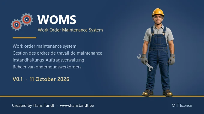 WOMS start screen with the mechanic mascot: Work Order Maintenance System, version 0.1, in English, French, German and Dutch