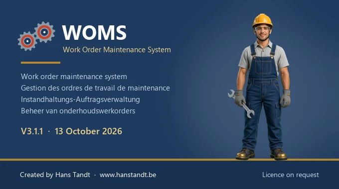 Startbildschirm von WOMS mit dem Mechaniker-Maskottchen: Work Order Maintenance System, auf Englisch, Französisch, Deutsch und Niederländisch
